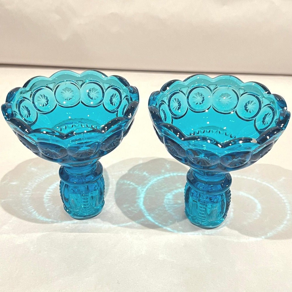 LE Smith Colonial Blue Moon & Stars Candlesticks Blue Glass UV Reactive Pair - Picture 5 of 9